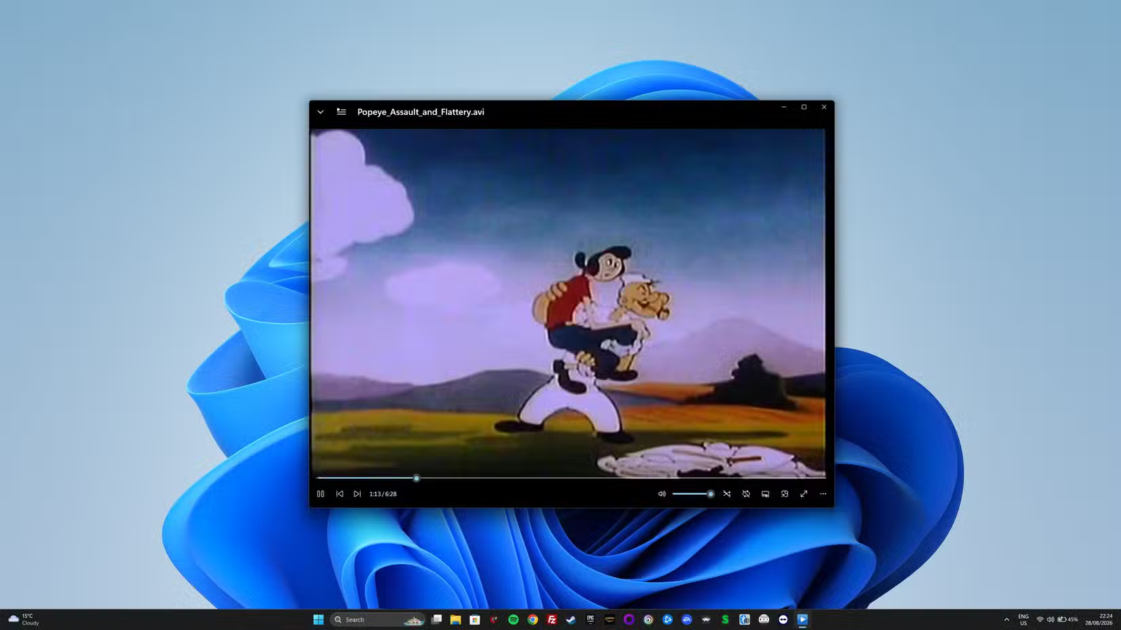 Screenbox diffusant un court métrage d'animation Popeye vintage dans une fenêtre du bureau Windows 11, avec les commandes de lecture visibles.