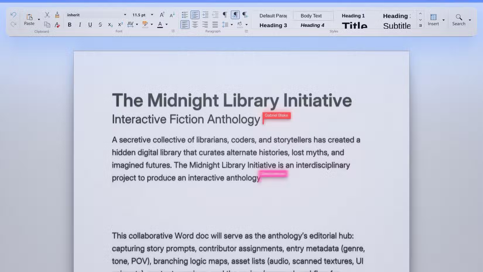Éditeur de documents Nextcloud montrant un document collaboratif « Midnight Library Initiative » avec des outils d'édition et de formatage en haut.