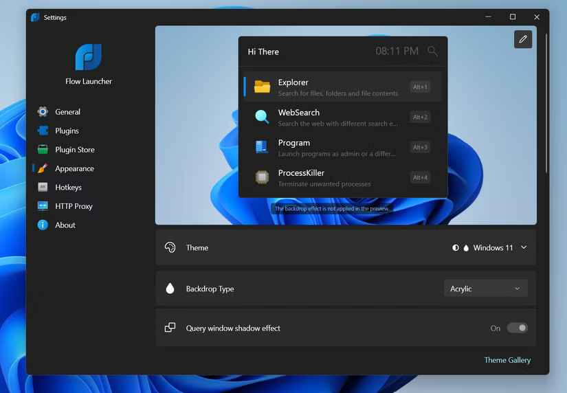 Différents paramètres d'apparence de Flow Launcher.