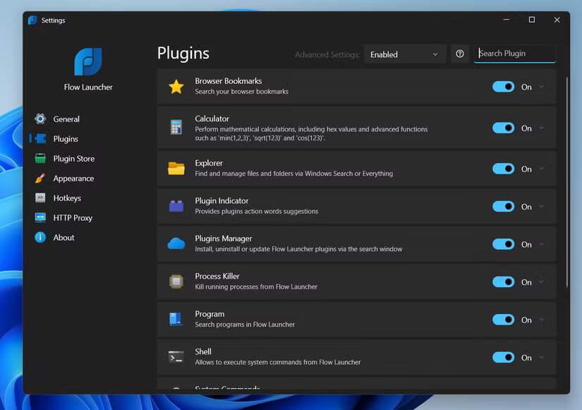 Un aperçu de la section des plugins installés de Flow Launcher dans les paramètres.