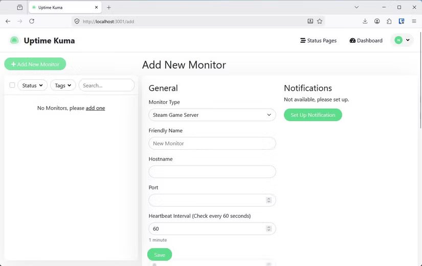 Création d'un nouveau moniteur dans Uptime Kuma. 