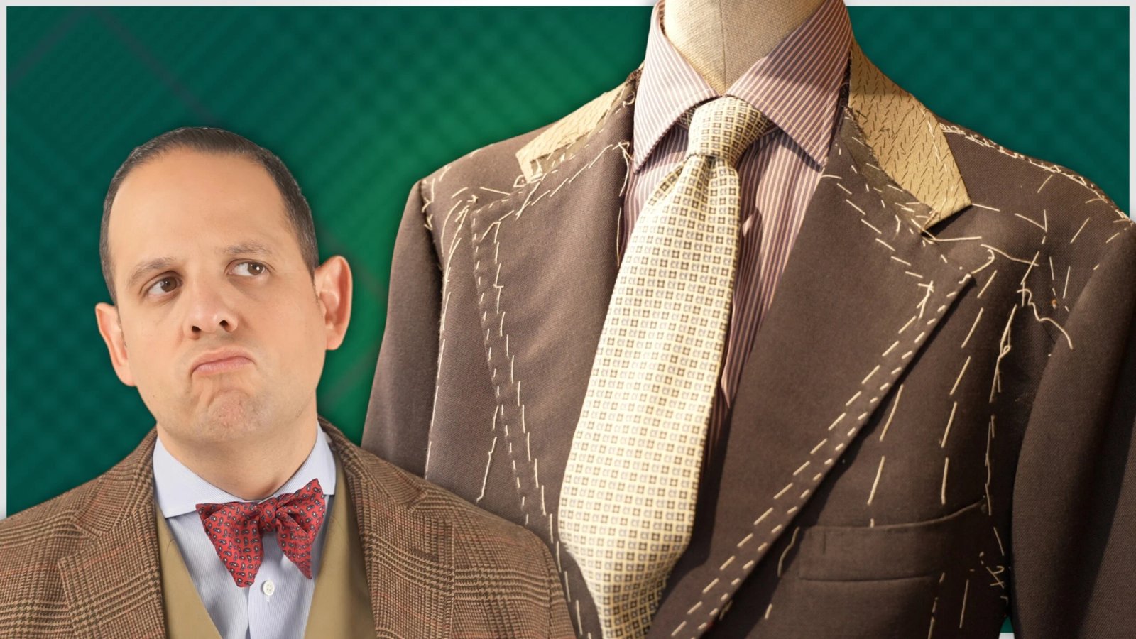 Veste Napolitaine Nouvelle Bannière Échelle Raphaël portant un nœud papillon à côté d'une veste napolitaine badigeonnée sur un mannequin