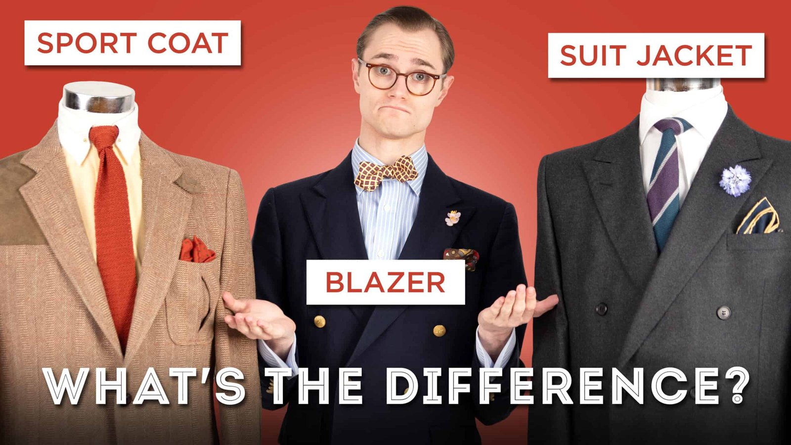 Vestes de costume contre manteaux de sport contre blazers 3840 x 2160 à l'échelle Couverture montrant Preston dans un blazer avec une expression perplexe flanqué de deux mannequins respectivement vêtus d'un manteau de sport et d'une veste de costume.