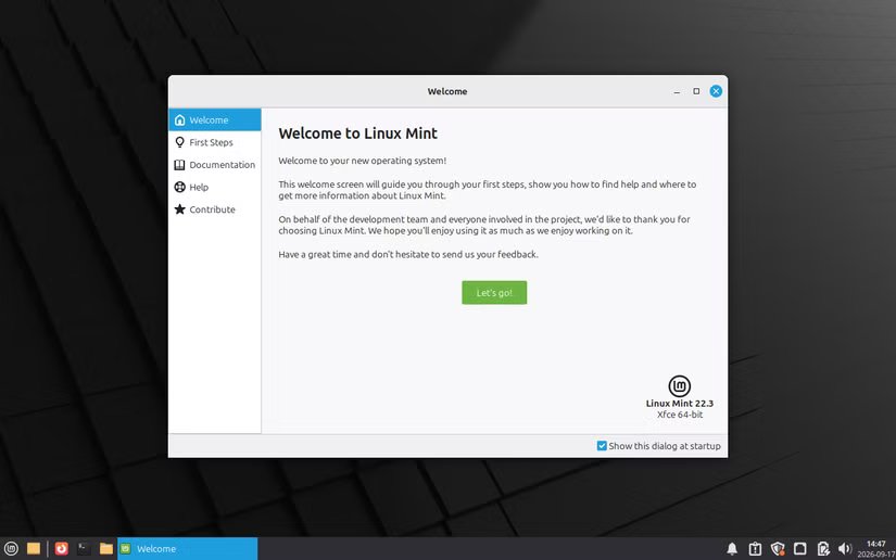Écran d'introduction à Linux Mint XFCE.