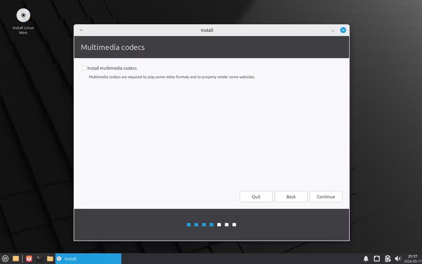 Installation des codecs dans le programme d'installation de Linux Mint.