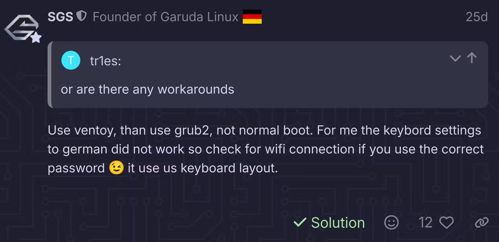 Forum Garuda Linux suggérant d'utiliser Ventoy pour résoudre le problème de démarrage.