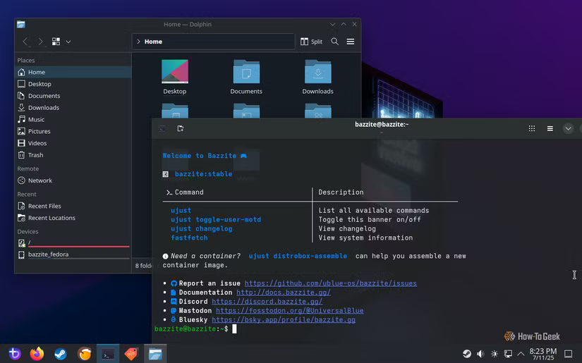 Bureau Bazzite avec un navigateur de fichiers et une fenêtre de terminal ouvertes.