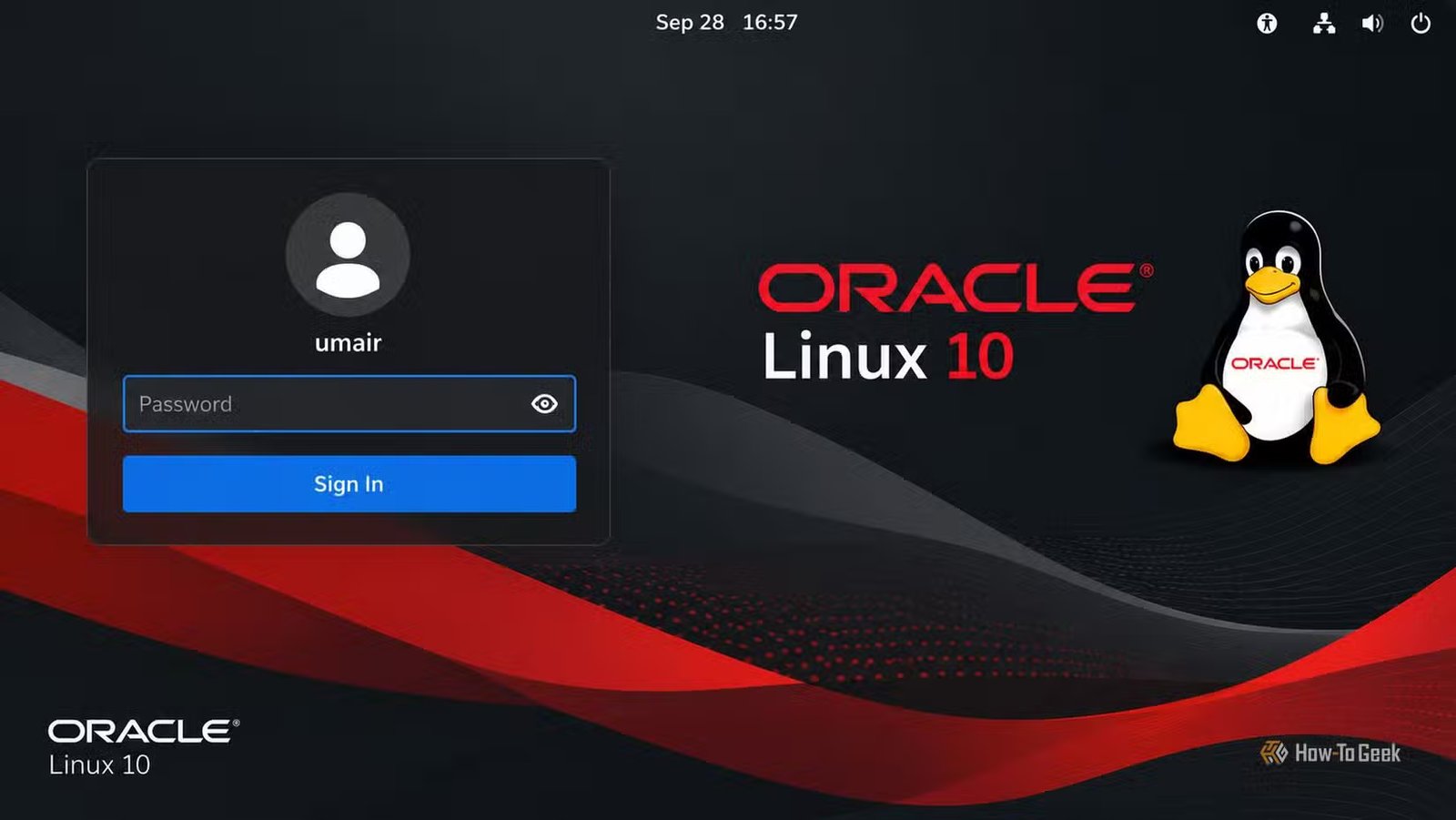 Une capture d'écran de l'écran de connexion d'Oracle Linux 10.