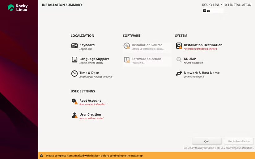 une capture d'écran du menu d'installation de Rocky Linux.