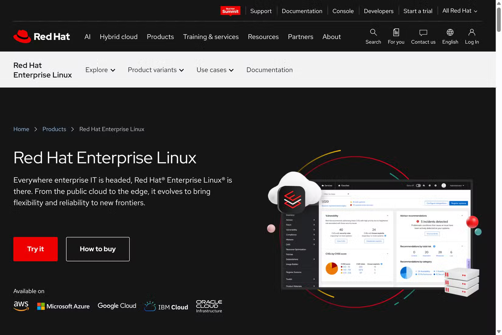 Le site Web RED Hat Enterprise Linux ouvert sur la page d'accueil.