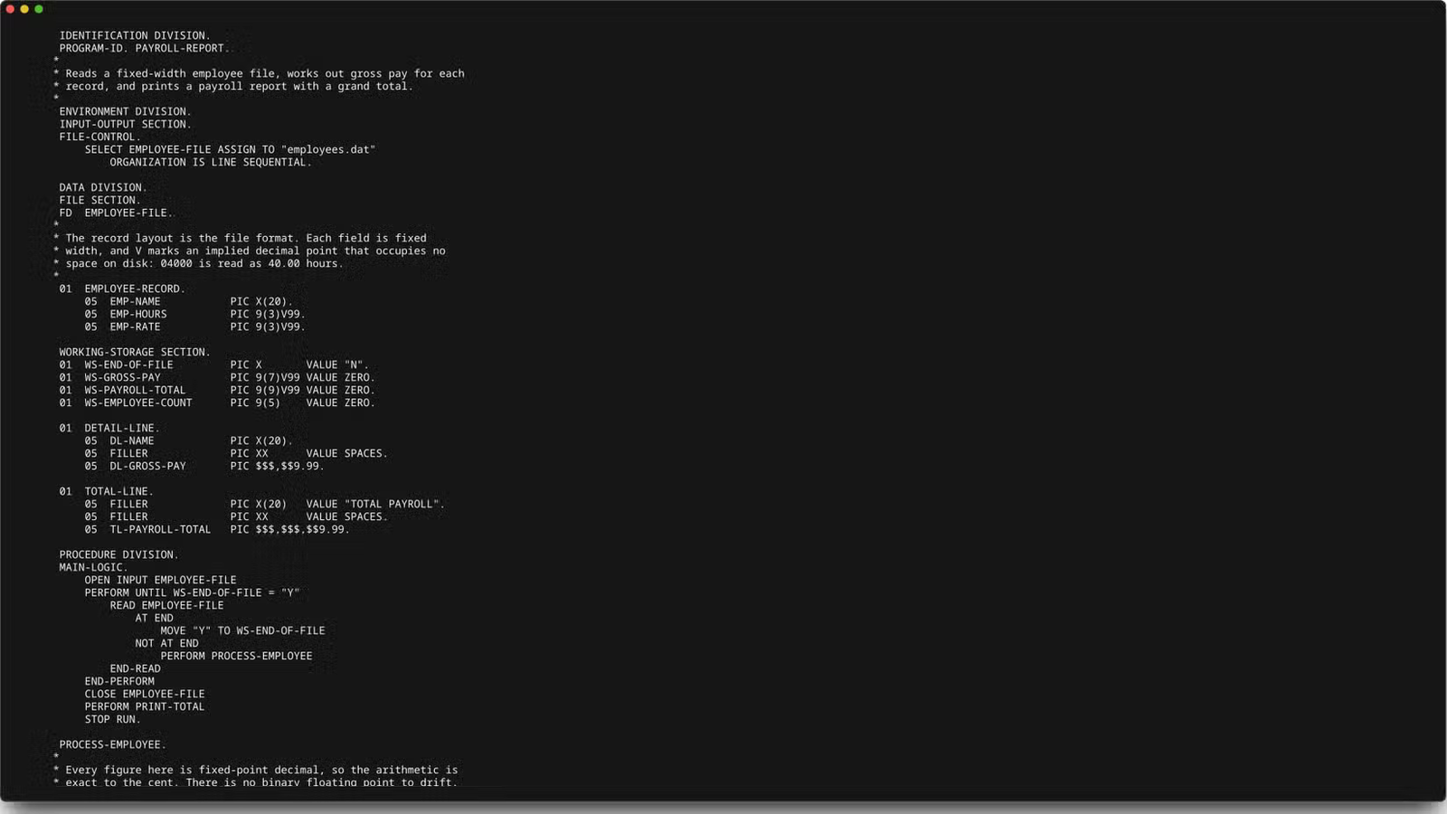 Une fenêtre de terminal affiche un programme COBOL qui calcule la paie à partir d'un fichier de données.