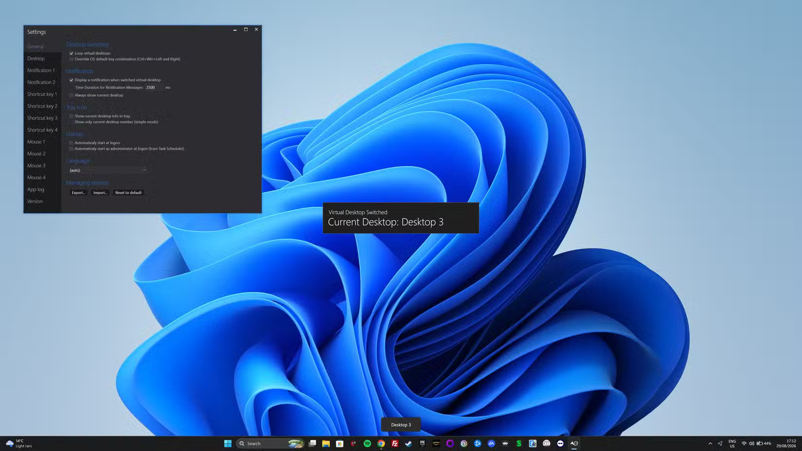 Paramètres du commutateur de bureau virtuel Sylphy sur Windows 11, avec une notification indiquant que l'utilisateur est passé au bureau 3.