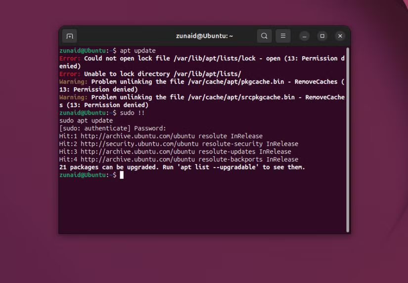Extension de l'historique Bash vous permettant d'exécuter une commande avec sudo sans la retaper.