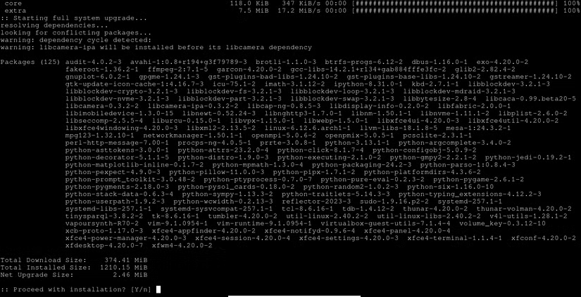 Mise à jour du package Arch Linux Pacman demandant la confirmation de l'utilisateur dans le terminal.,