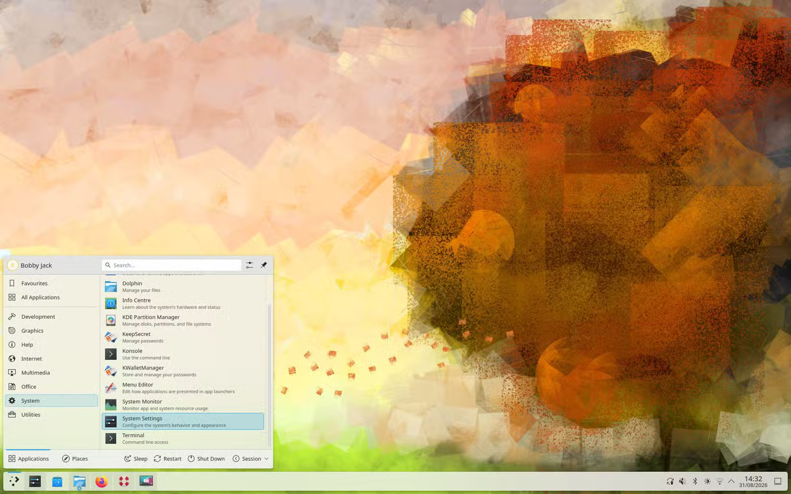 Le menu de l'application KDE affichant l'application Paramètres système sélectionnée.