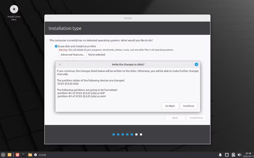 Menu des partitions d'installation de Linux Mint.