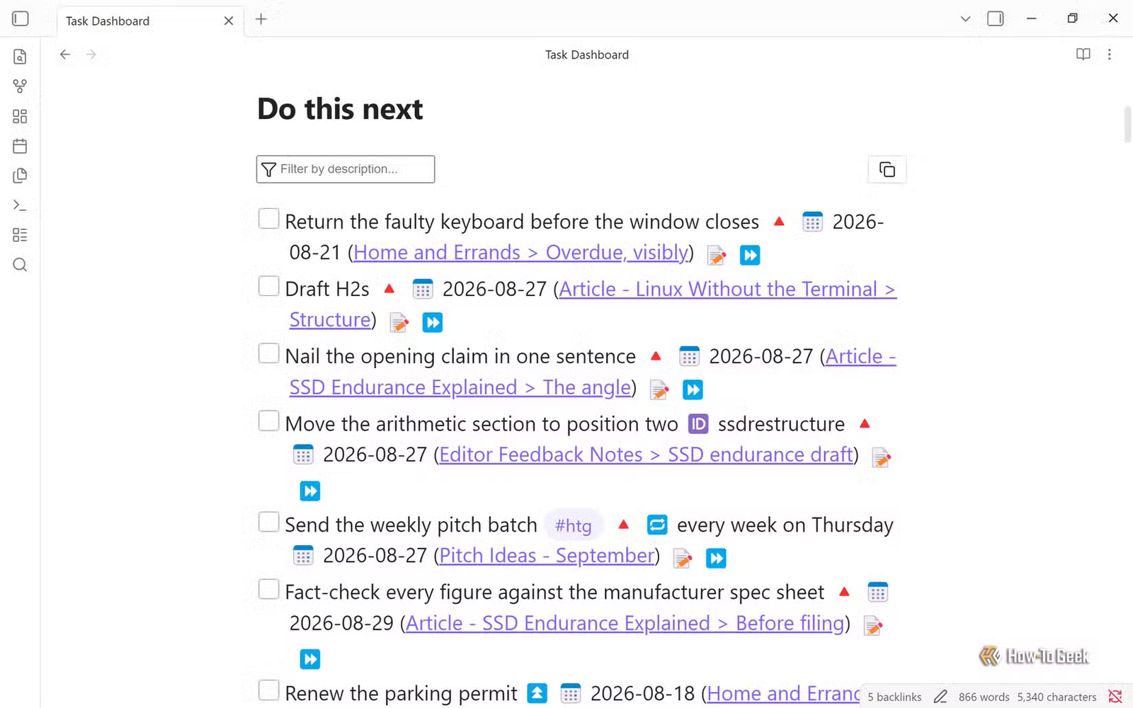 Effectuez les prochaines tâches de rendu du tableau de bord extraites de tout le coffre-fort avec les dates d'échéance et les backlinks.