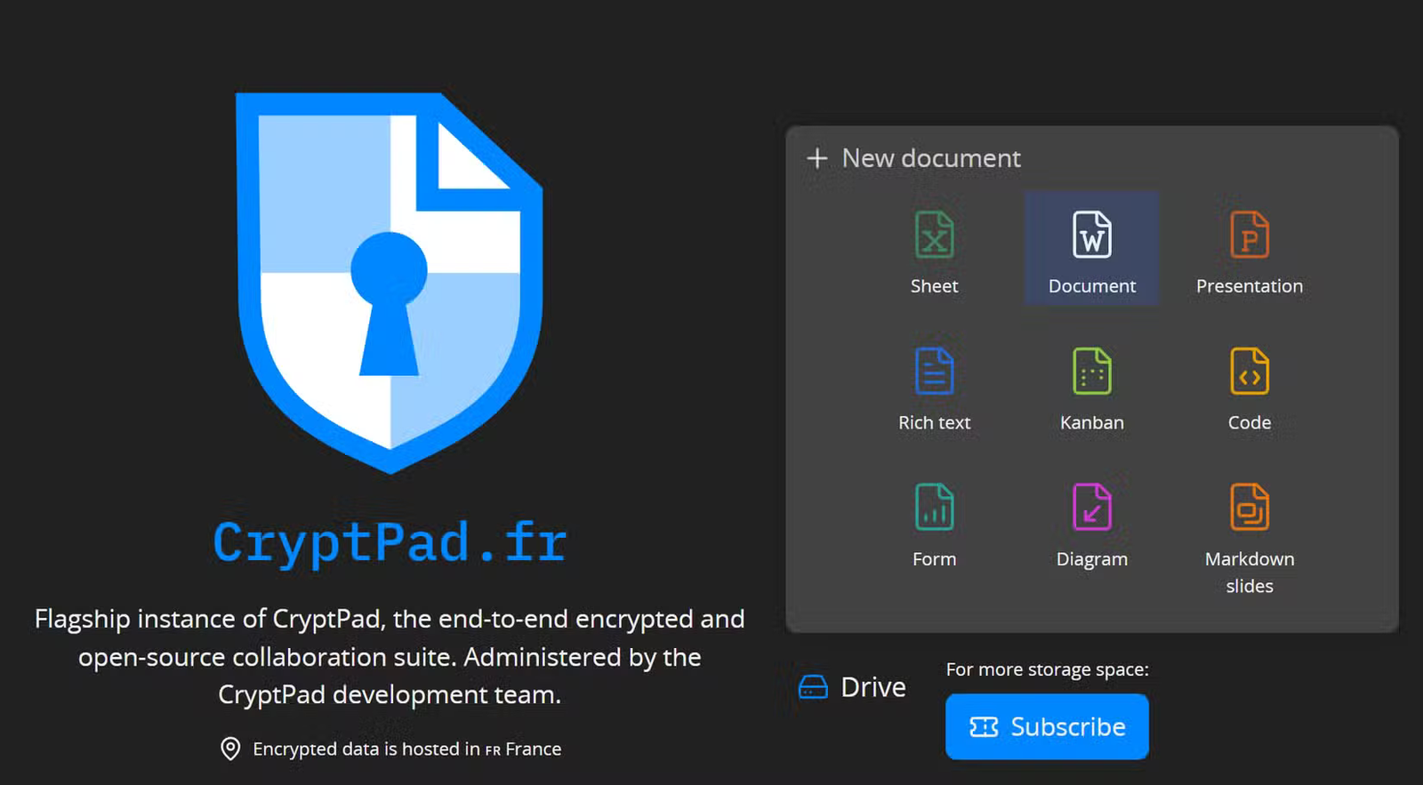Page d'accueil de CryptPad.fr présentant sa suite de collaboration cryptée et ses options pour créer des documents, des feuilles de calcul, des présentations, des formulaires, des diagrammes, des fichiers de code et d'autres contenus.