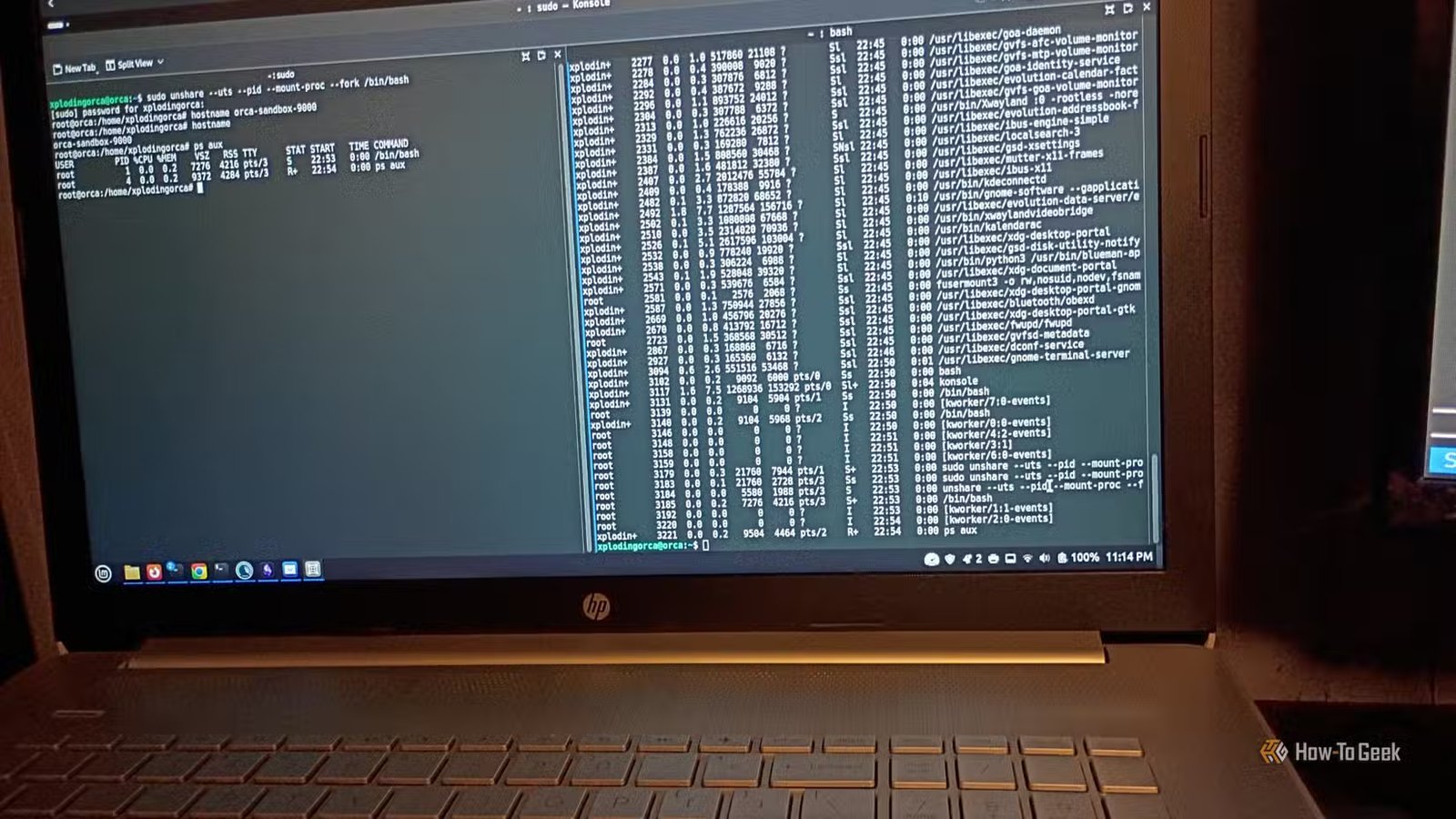 Un terminal à double volet sur un ordinateur portable démontrant les espaces de noms Linux en action.