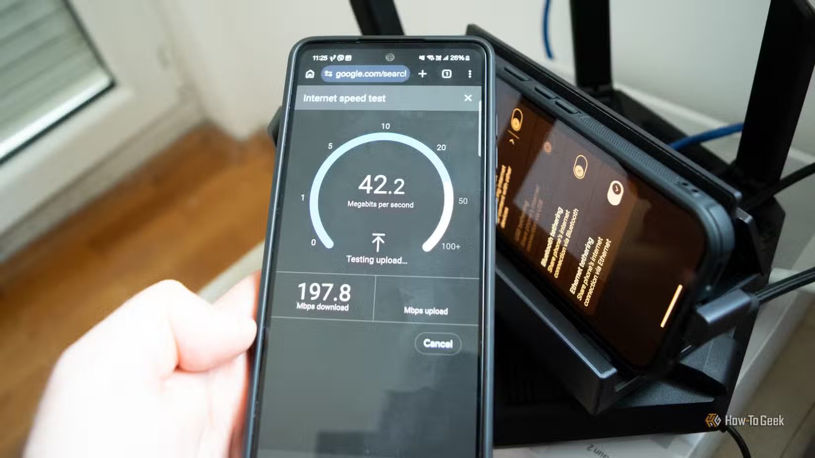 Effectuer un test de vitesse Internet sur un Samsung Galaxy A52S et obtenir 197,8 comme forte demande et 42,2 dans le test principal.