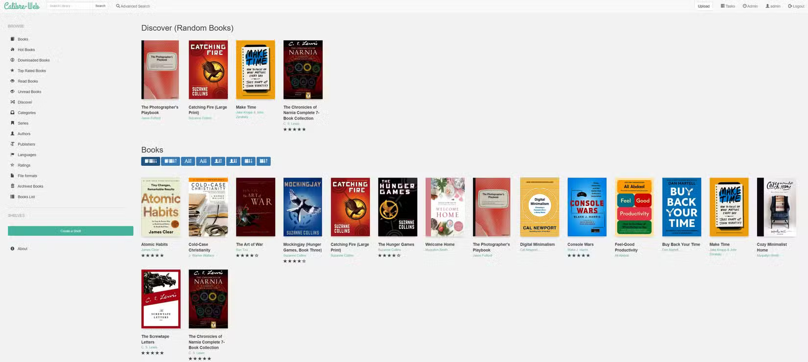 L'interface Web de Calibre sur un bureau affichant plusieurs livres disponibles à la lecture.