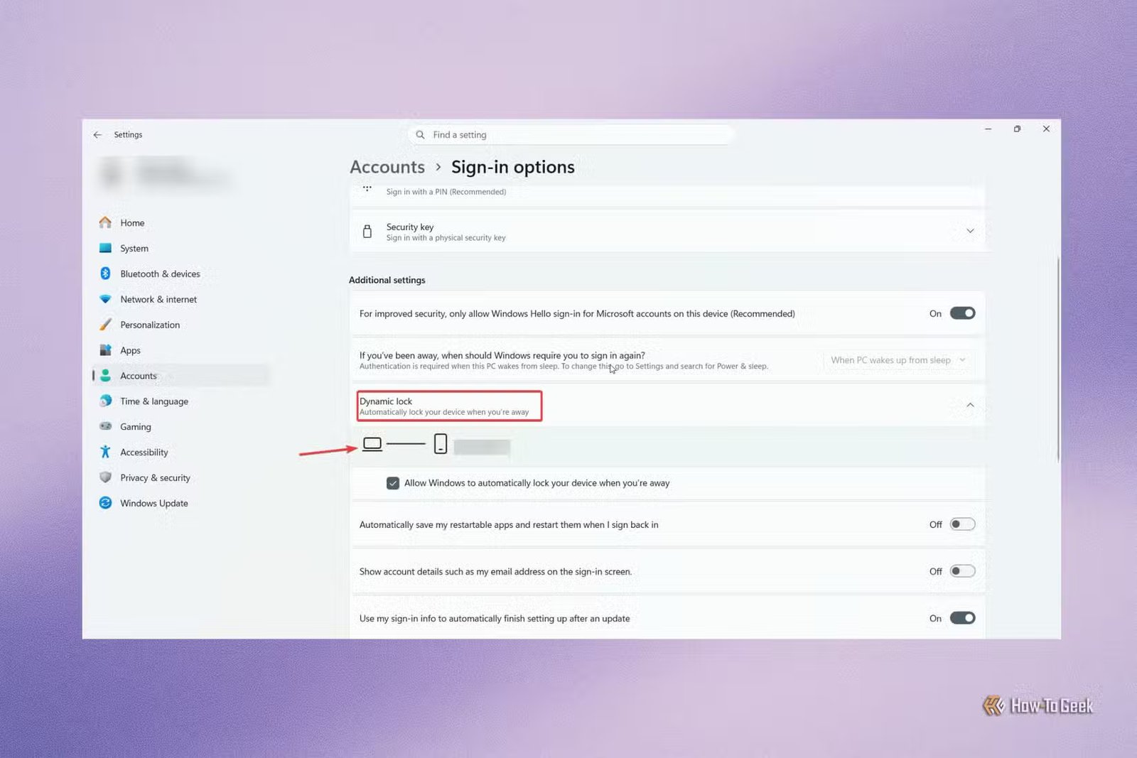 Activation de la fonctionnalité Dynamic Lock dans Windows.