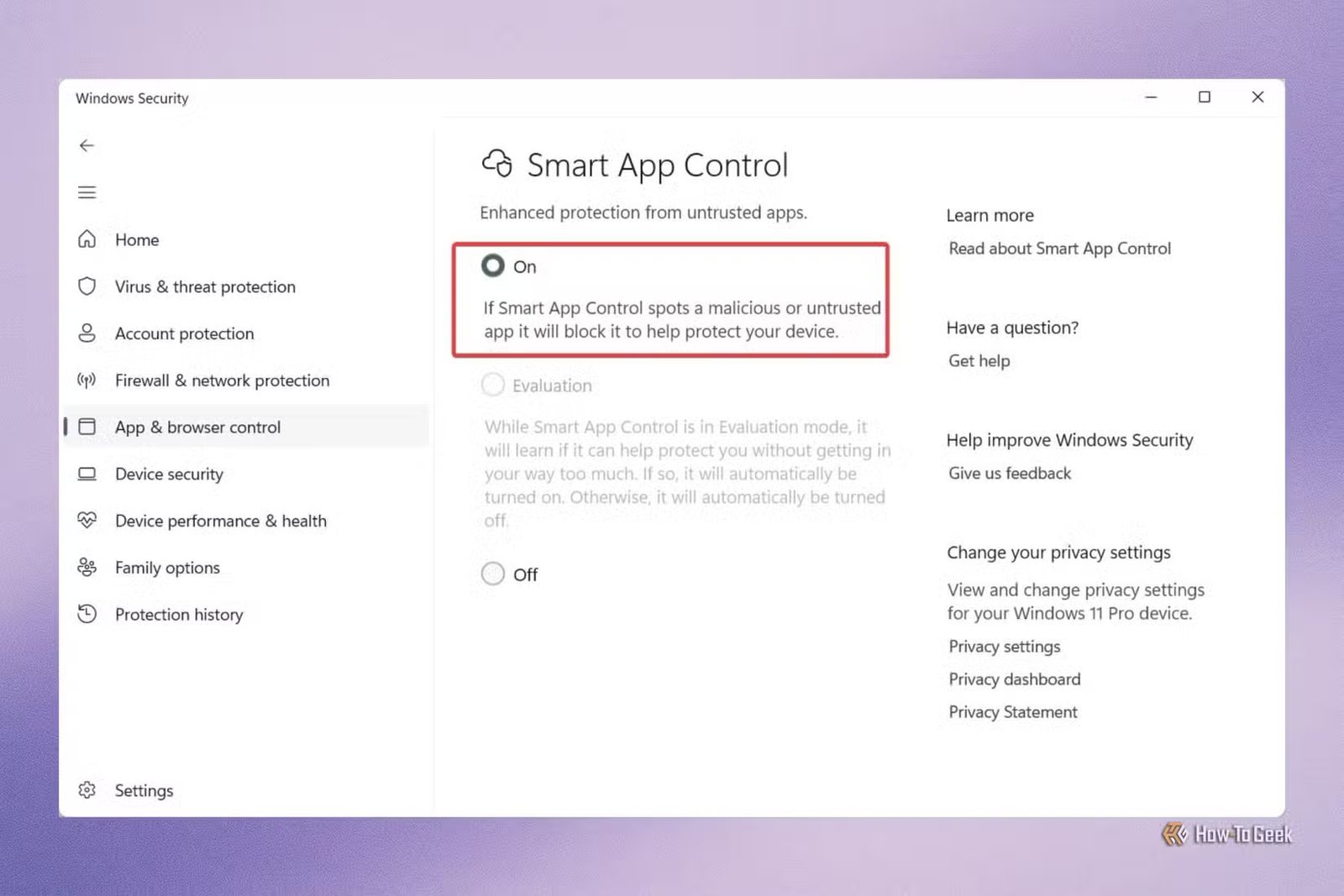 Activation de l'option Smart App Control dans la sécurité Windows.