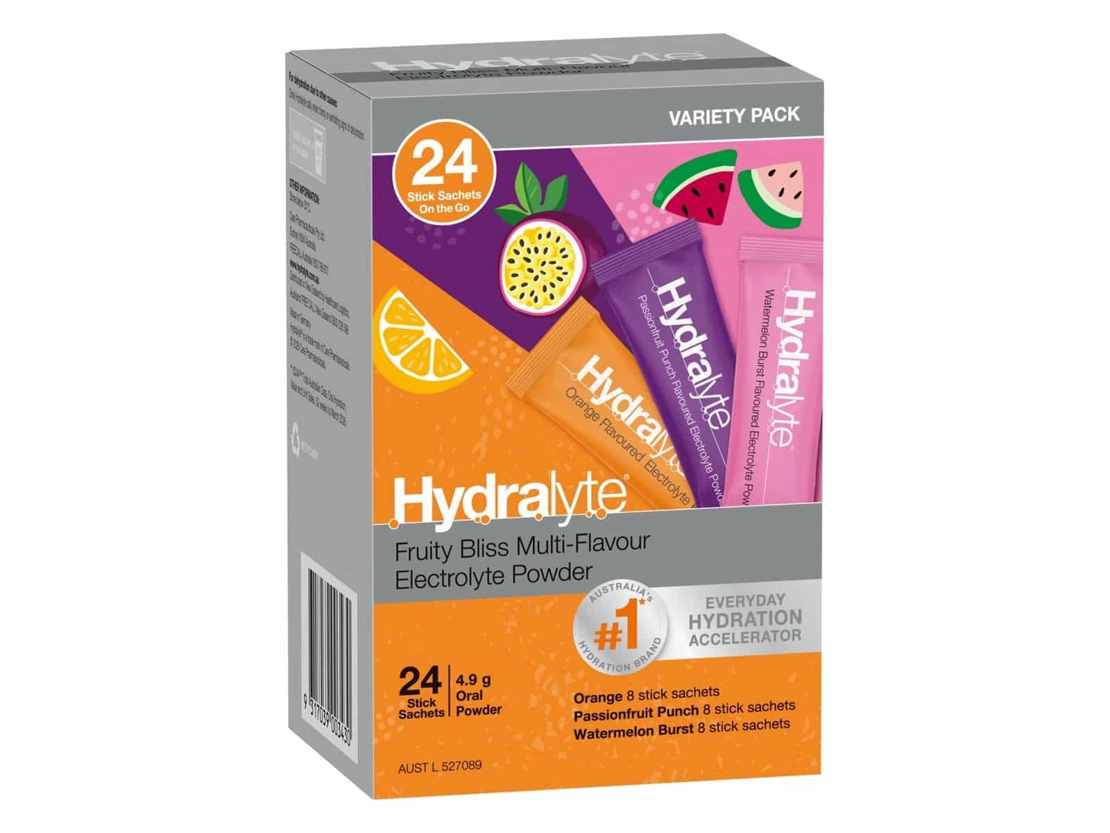 Hydralyte Fruity Bliss Poudre d'électrolyte multi-saveurs, paquet de 24 avec sachets de bâtonnets d'orange, de punch aux fruits de la passion et de pastèque