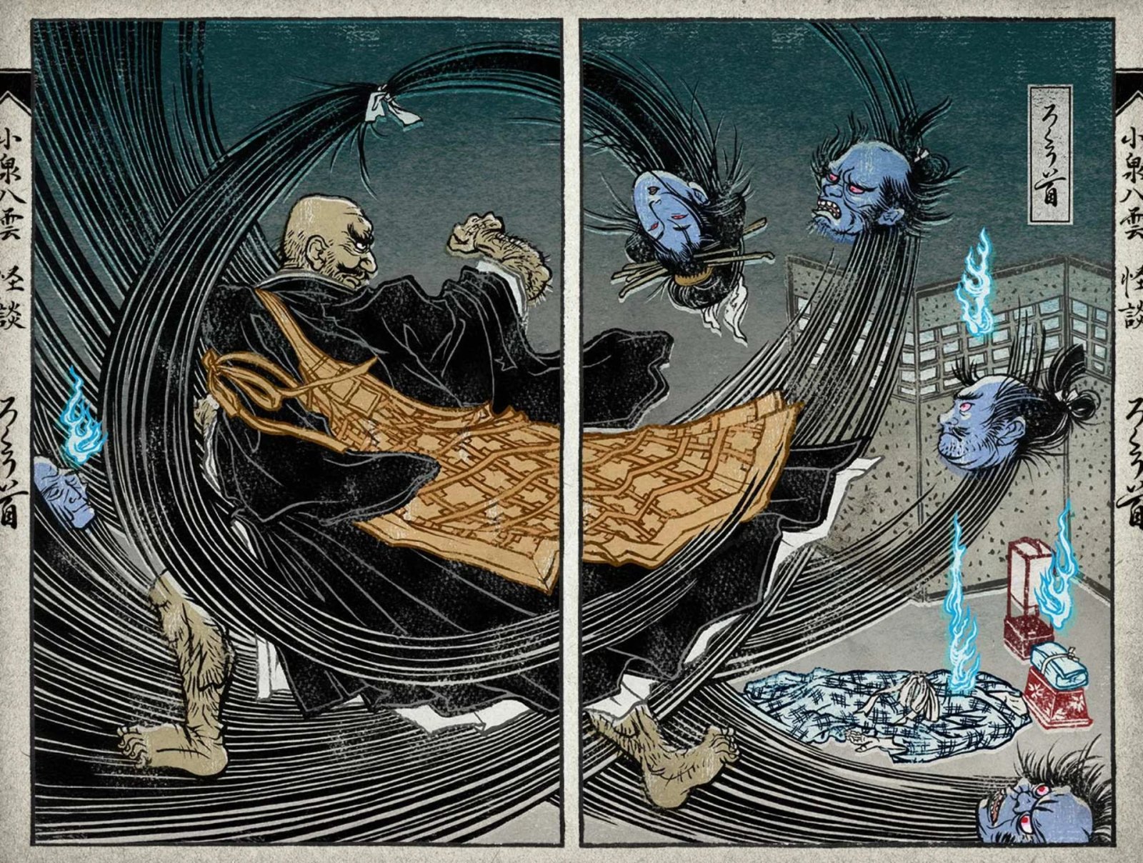 Illustration japonaise Ghost Stories représentant un moine combattant des démons.
