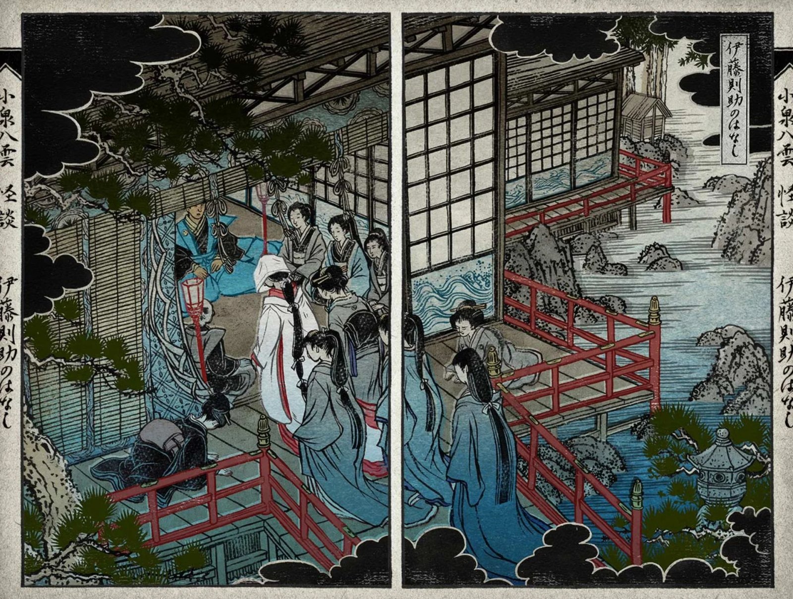 Oeuvre japonaise Ghost Stories représentant des femmes entrant dans un bâtiment.