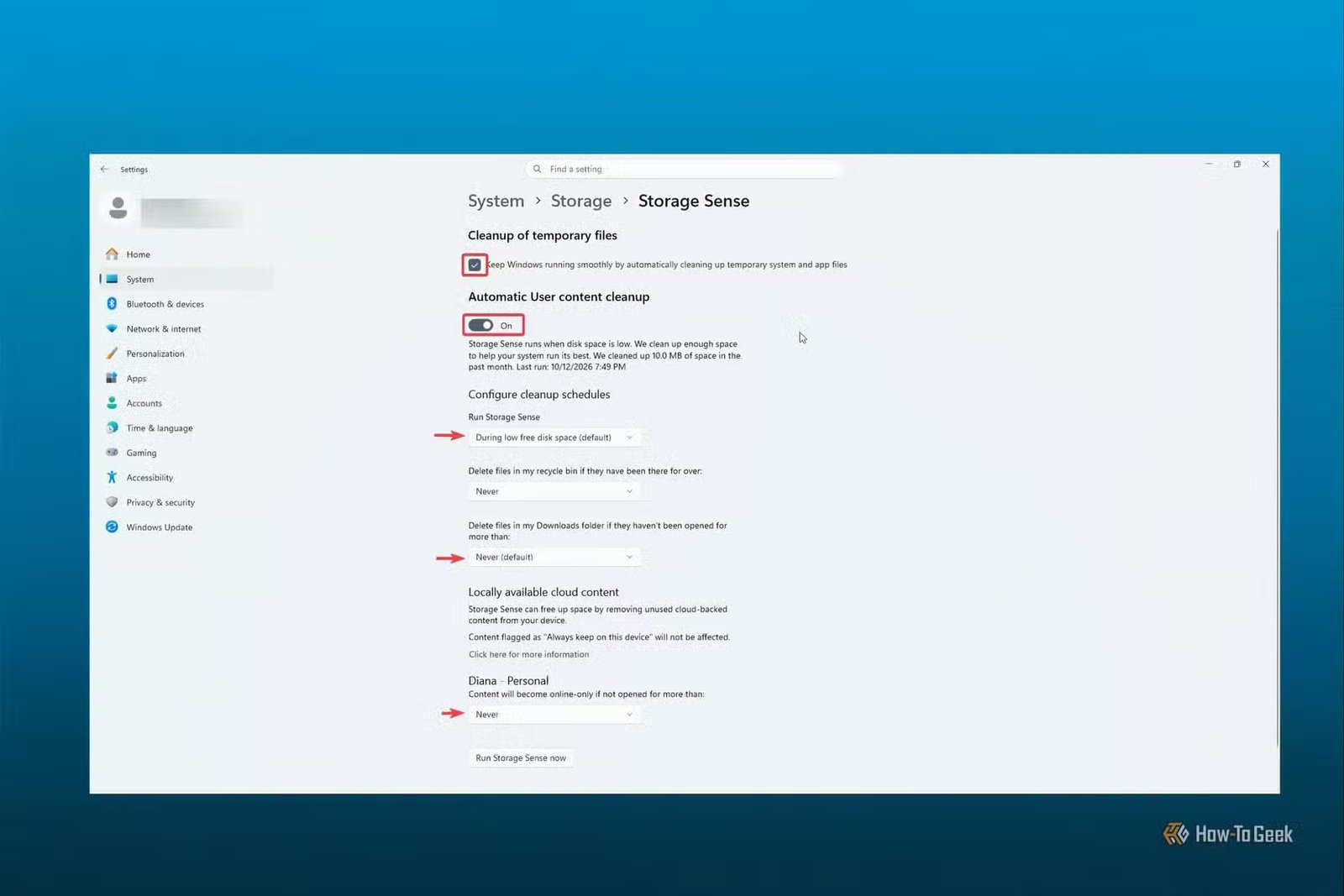 Exemple de planification et de configuration de Storage Sense dans Windows 11.