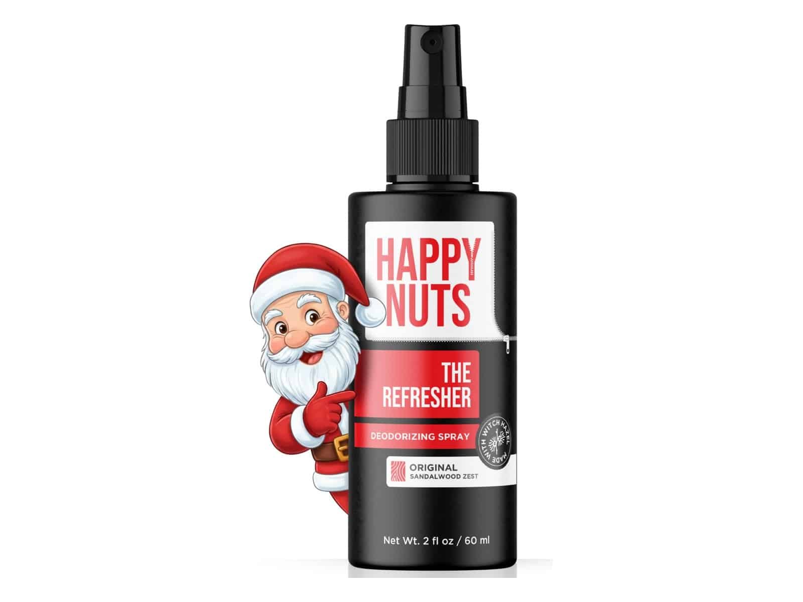 Une bouteille noire de 2 fl oz de spray désodorisant Happy Nuts The Refresher dans Original Sandalwood Zest, avec un dessin animé de Père Noël jetant un coup d'œil derrière lui.