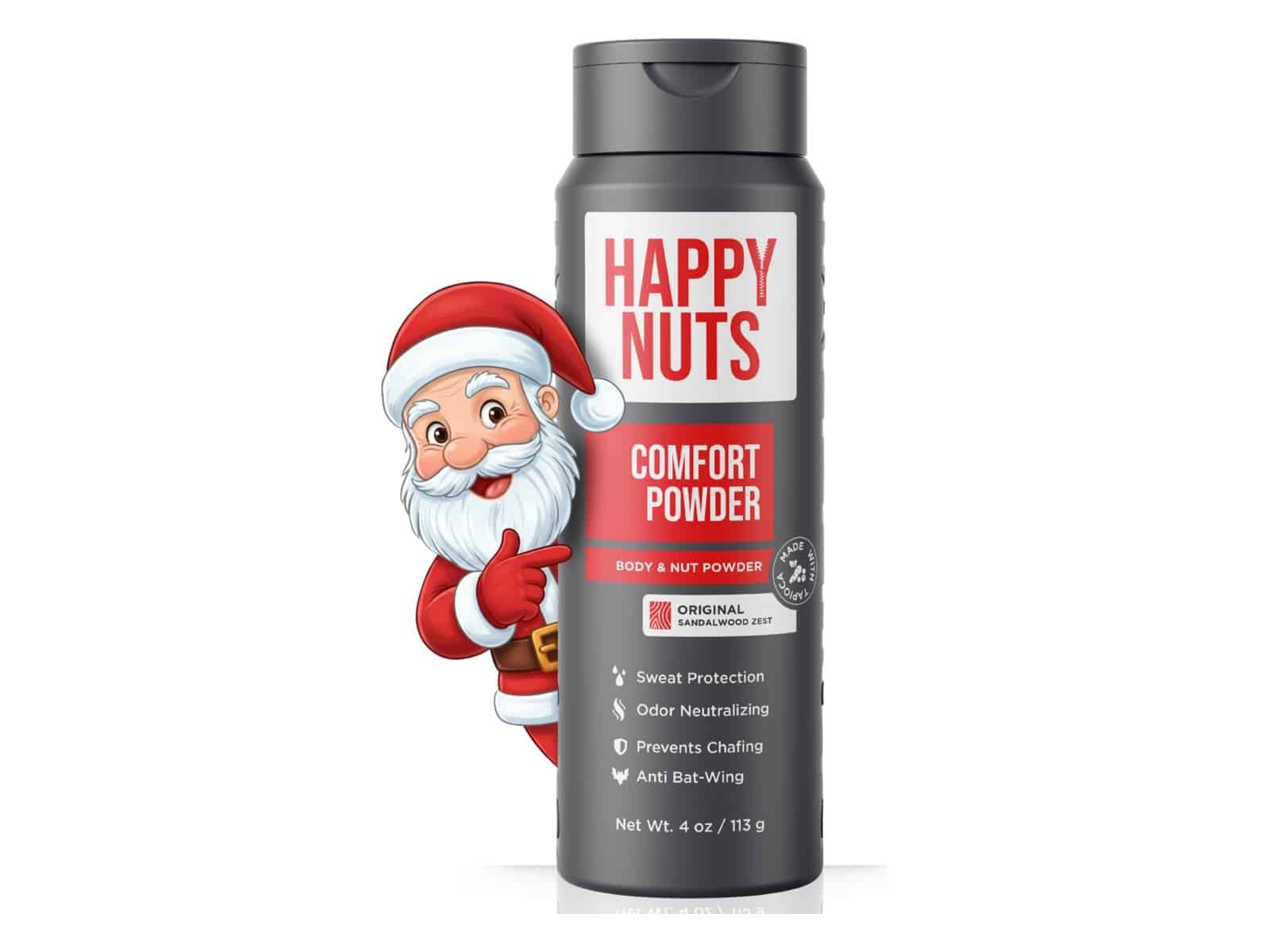 Une bouteille de 4 oz de poudre pour le corps Happy Nuts Comfort et de poudre de noix dans Original Sandalwood Zest, avec un Père Noël de dessin animé jetant un coup d'œil derrière lui.