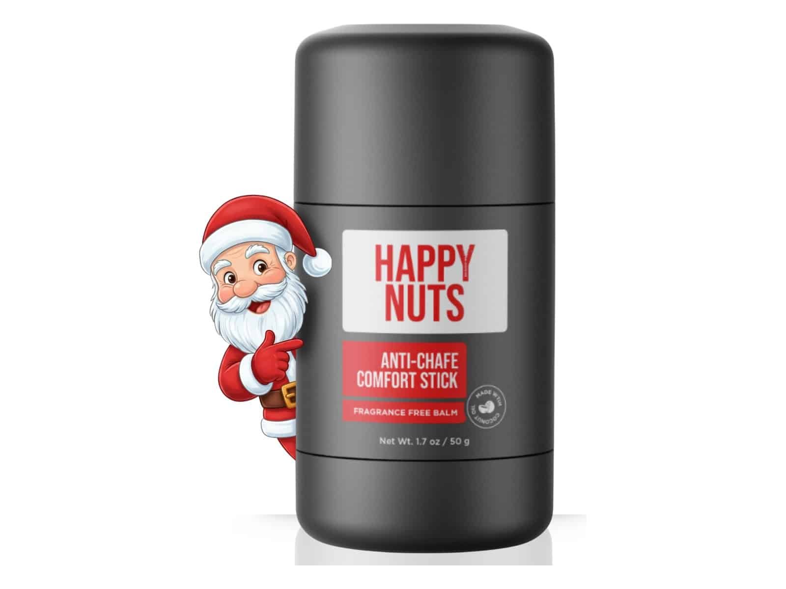 Un baume sans parfum Happy Nuts Anti-Chafe Comfort Stick gris foncé, 1,7 oz, avec un Père Noël en dessin animé jetant un coup d'œil derrière lui.