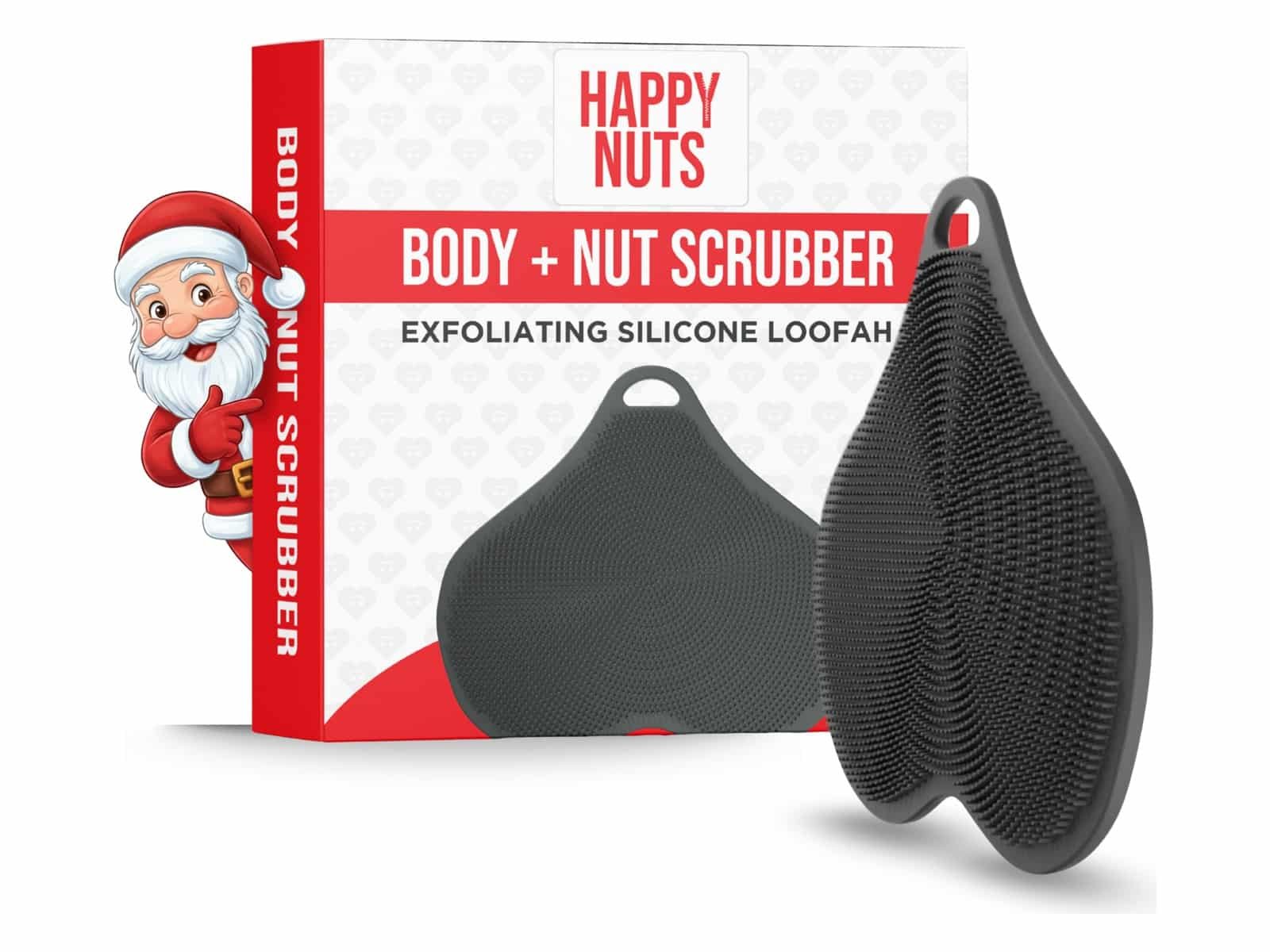 Le luffa en silicone exfoliant gris Happy Nuts Body + Nut Scrubber est présenté devant et derrière à côté de sa boîte rouge et blanche, avec un dessin animé du Père Noël jetant un coup d'œil autour de la boîte.