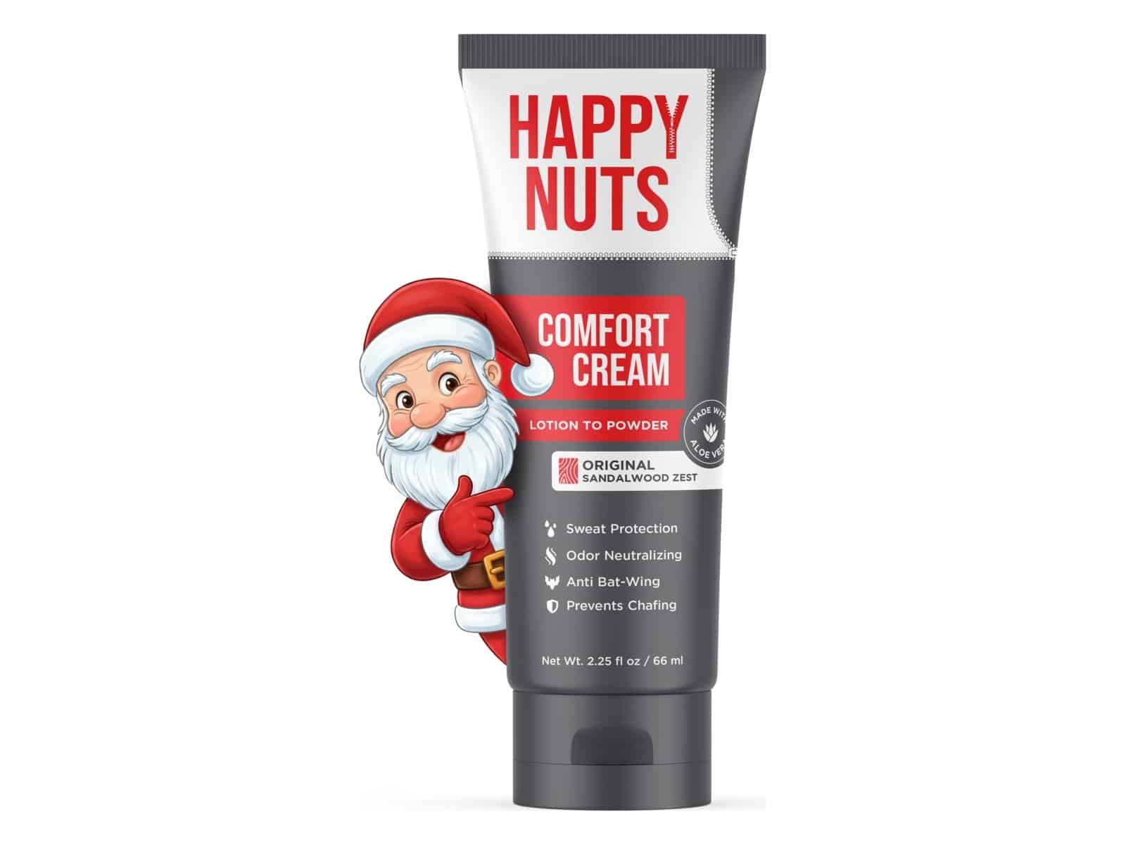 Un tube de 2,25 fl oz de lotion-poudre Happy Nuts Comfort Cream dans Original Sandalwood Zest, avec un Père Noël de dessin animé jetant un coup d'œil derrière lui.