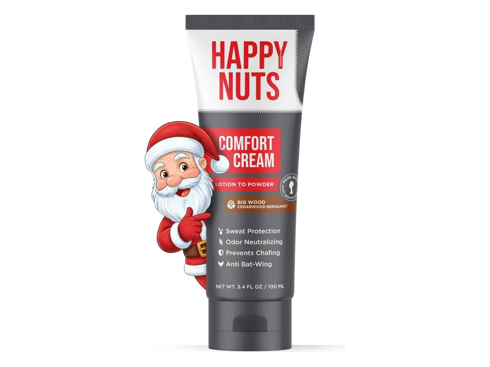 Un tube de 3,4 fl oz de lotion-poudre Happy Nuts Comfort Cream au parfum de bergamote et de cèdre Big Wood, avec un Père Noël en dessin animé jetant un coup d'œil derrière lui.