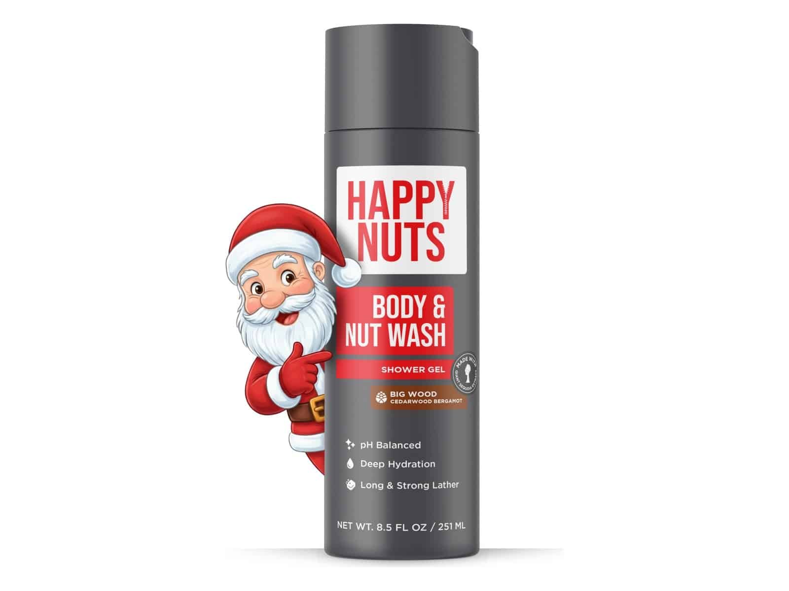 Une bouteille de 8,5 fl oz de gel douche Happy Nuts Body and Nut Wash en bergamote de cèdre Big Wood, avec un Père Noël en dessin animé jetant un coup d'œil derrière lui.