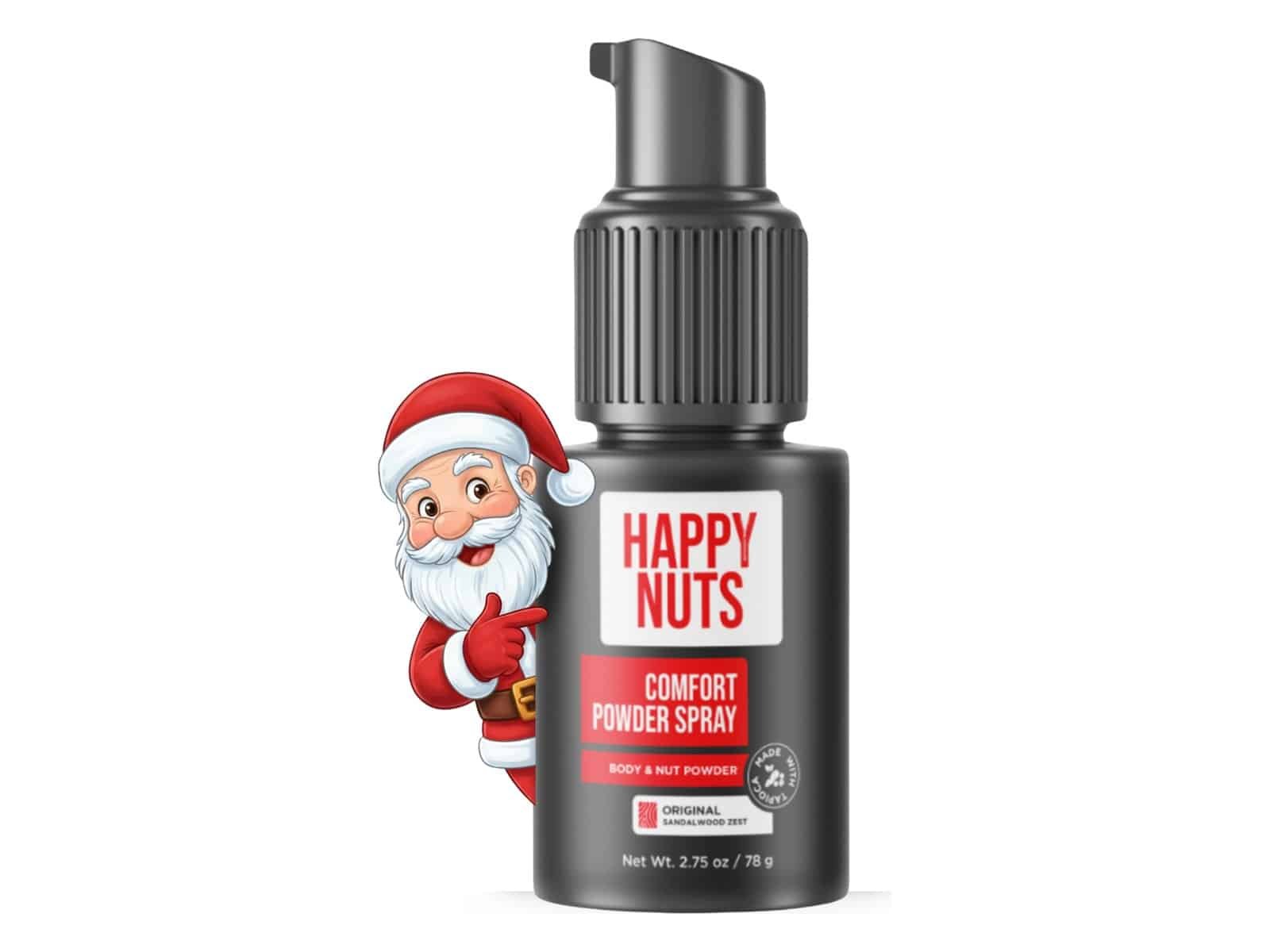 Un flacon pompe de 2,75 oz de spray de poudre Happy Nuts Comfort Powder Spray pour le corps et la poudre de noix dans Original Sandalwood Zest, avec un Père Noël de dessin animé jetant un coup d'œil derrière lui.