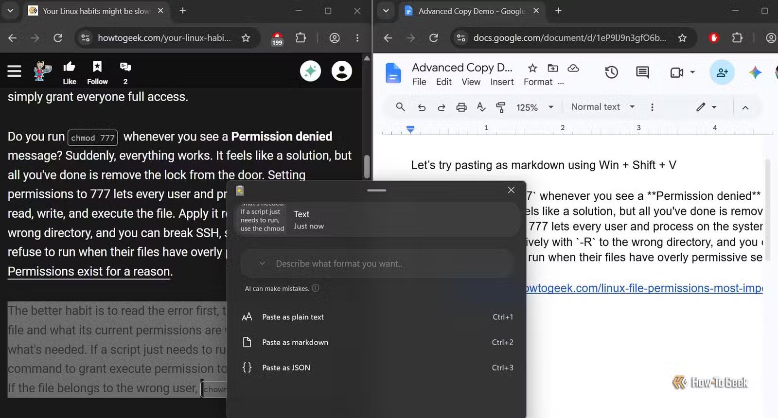 PowerToys Advanced Paste convertit un article publié en Markdown et le colle dans Google Docs tout en préservant le formatage et les hyperliens.
