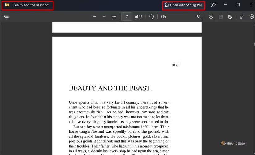 PowerToys Peek prévisualise un PDF La Belle et la Bête dans une fenêtre contextuelle, avec la possibilité de l'ouvrir dans Stirling PDF.