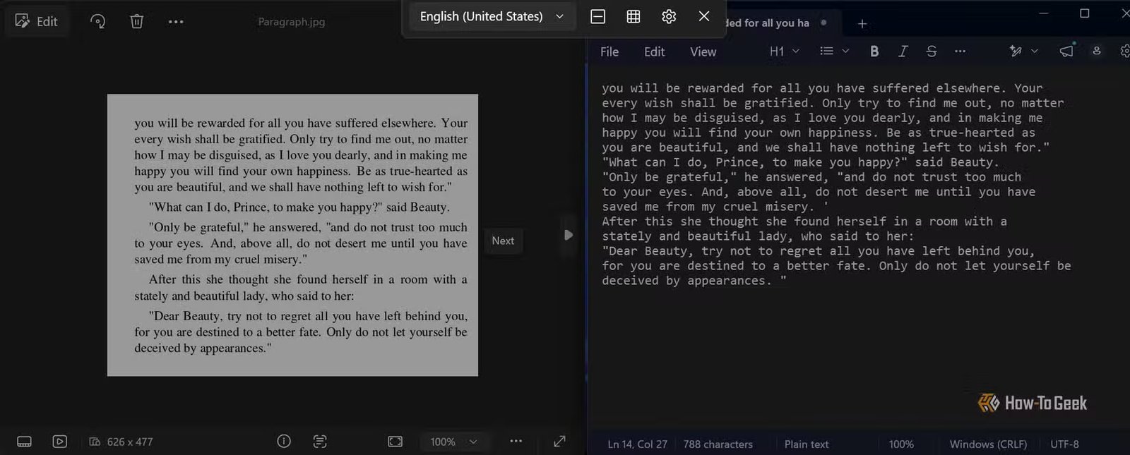 PowerToys Text Extractor copie le texte d'une image PNG de La Belle et la Bête dans le Bloc-notes.