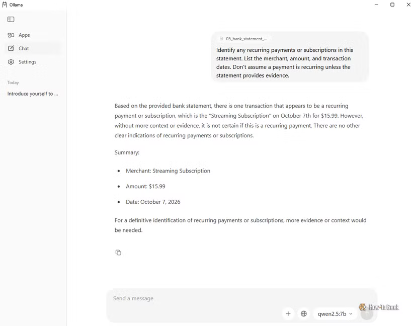 Qwen identifie un abonnement au streaming de 15,99 $ comme frais potentiellement récurrents dans un exemple de relevé bancaire, mais néglige d'autres dépenses récurrentes possibles.