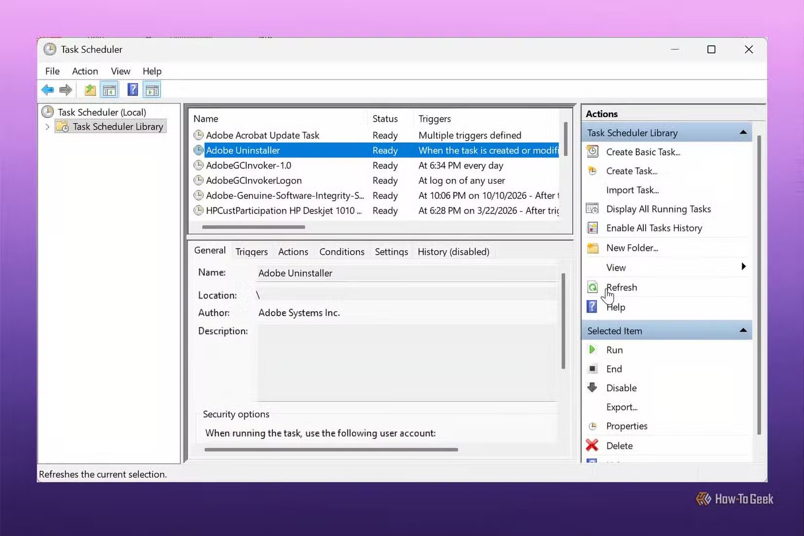 Tâches planifiées dans le Planificateur de tâches sous Windows 11.