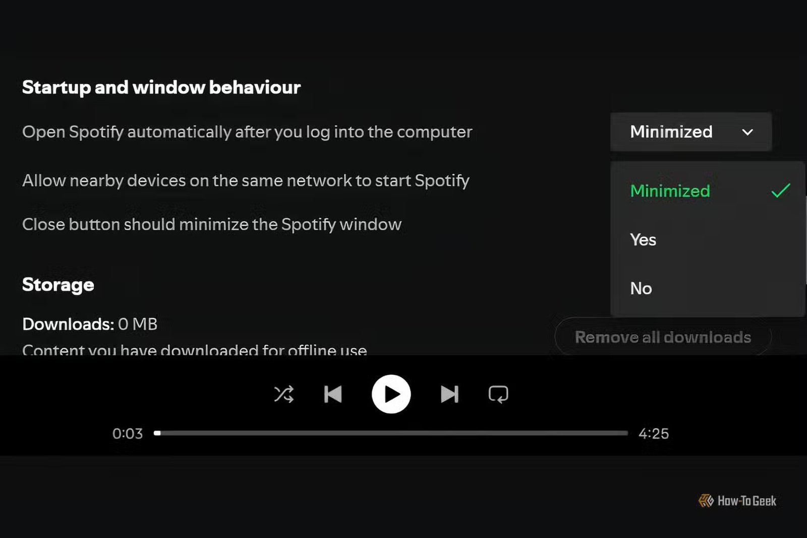 Préférences de démarrage et de comportement Windows dans Spotify sous Windows 11.