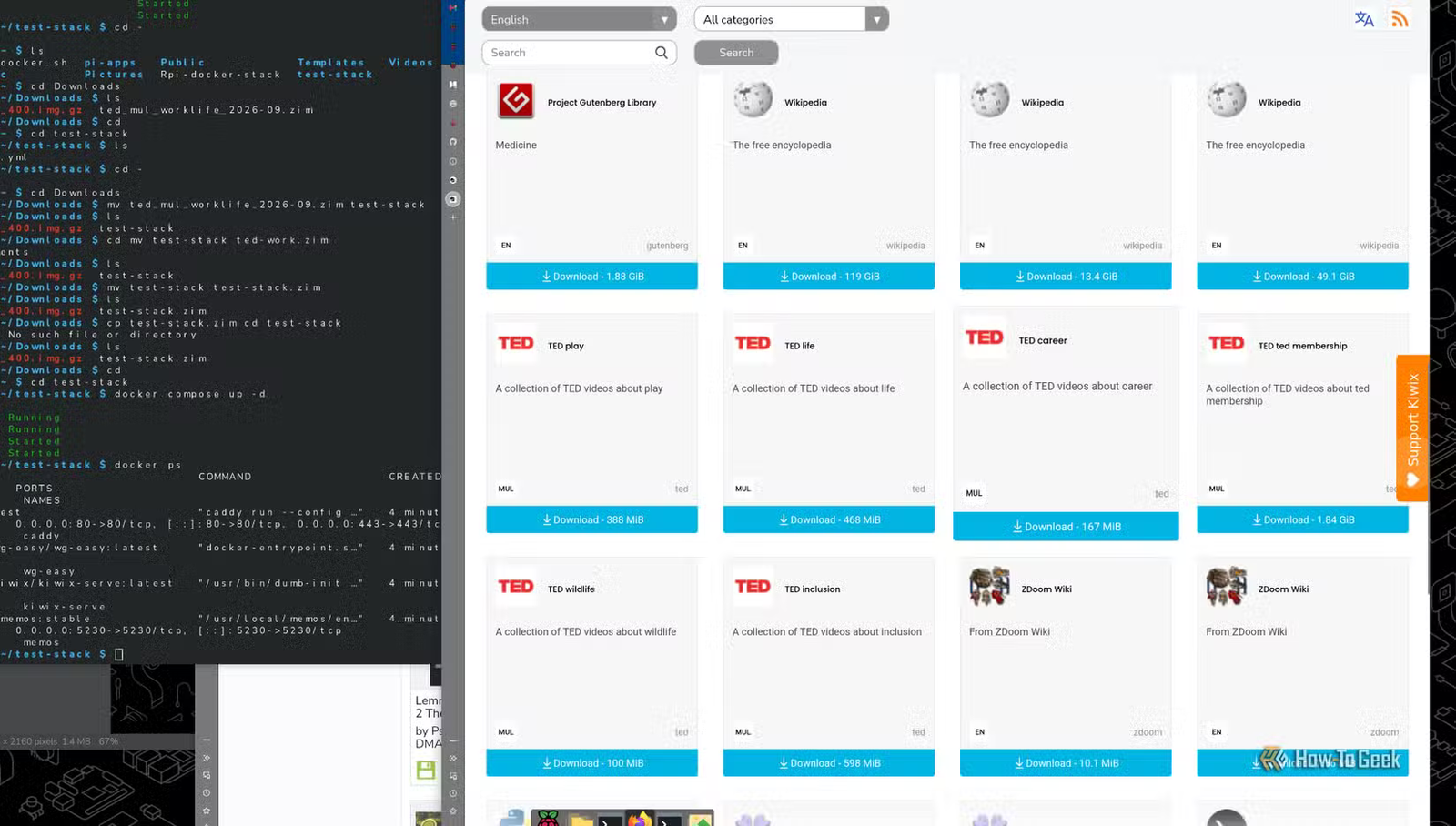 Écran partagé montrant l'interface de téléchargement de la bibliothèque Web Kiwix à côté d'un terminal exécutant les commandes Docker Compose.