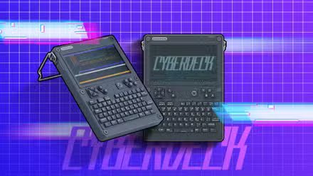 Un cyberdeck avec un fond dégradé et quelques lumières autour.