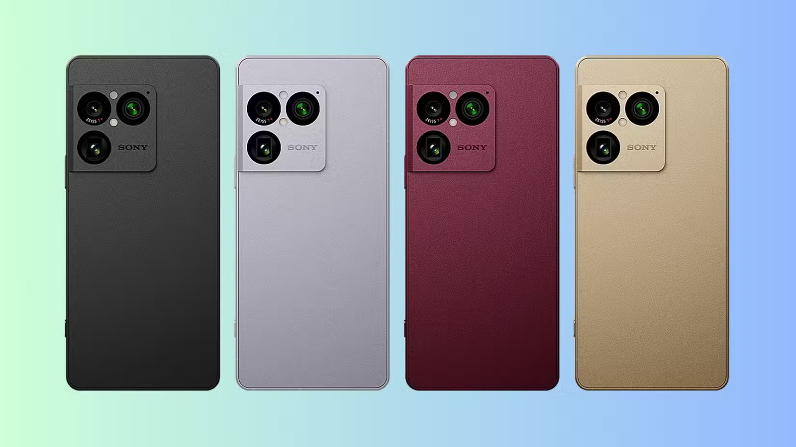 Quatre téléphones Sony Xperia 1 VIII avec leur face arrière mise au point sur un fond bleu et bleu sarcelle. 