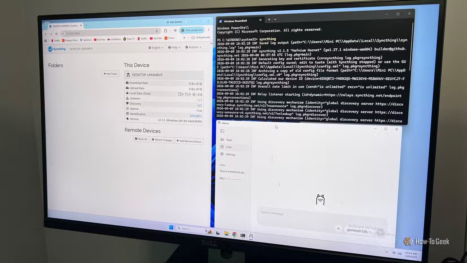 Un moniteur montre Syncthing, PowerShell et Ollama fonctionnant dans le cadre d'un système de recherche de documents privé par IA.