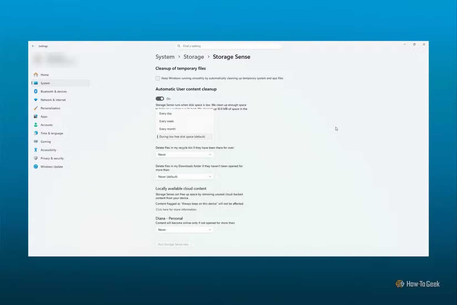 Une capture d'écran des paramètres Storage Sense dans Windows 11.